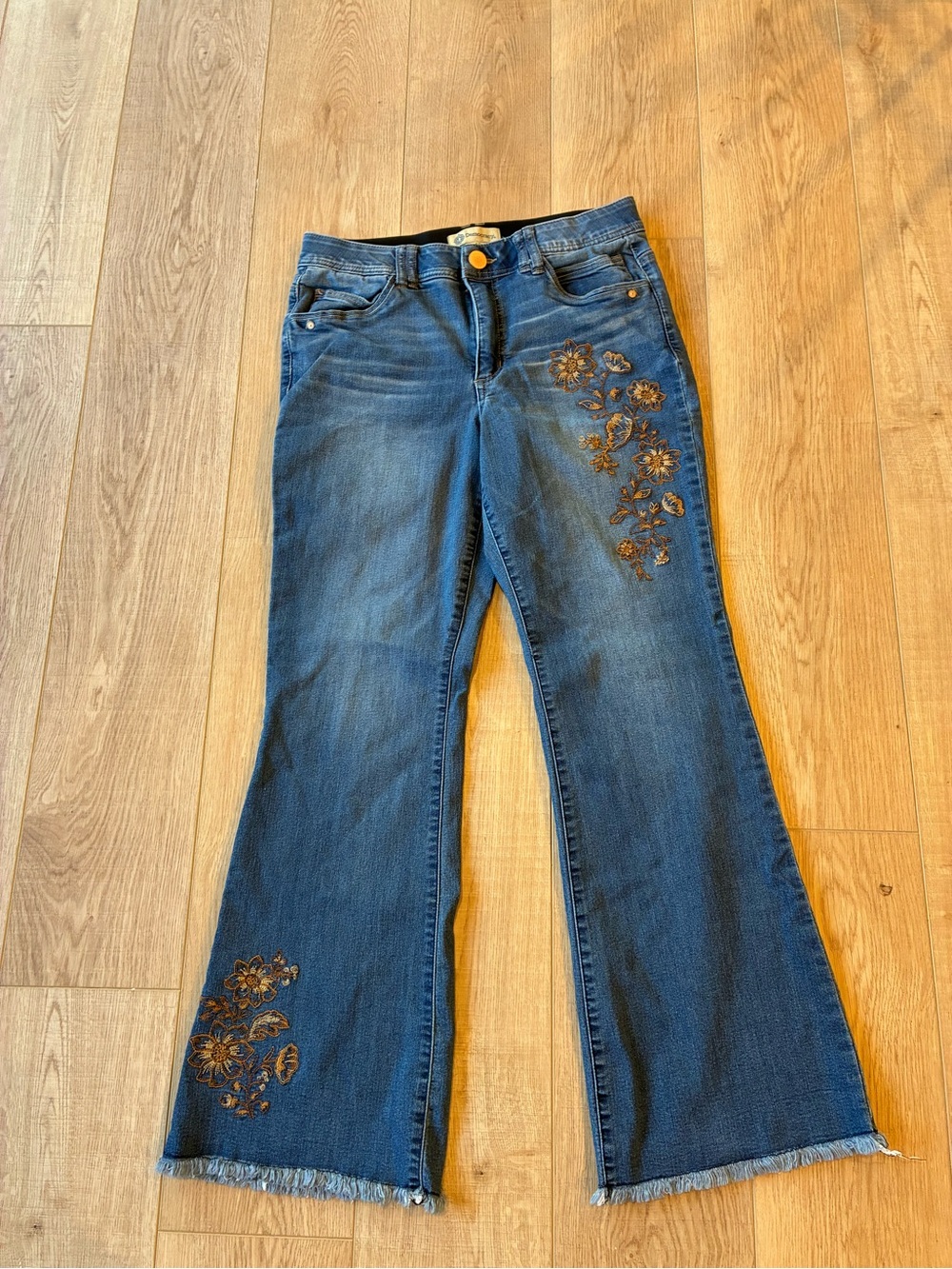 Democracy Dark Blue Autumn Floral Embroidered Flare Jeans stretchy slimming 12